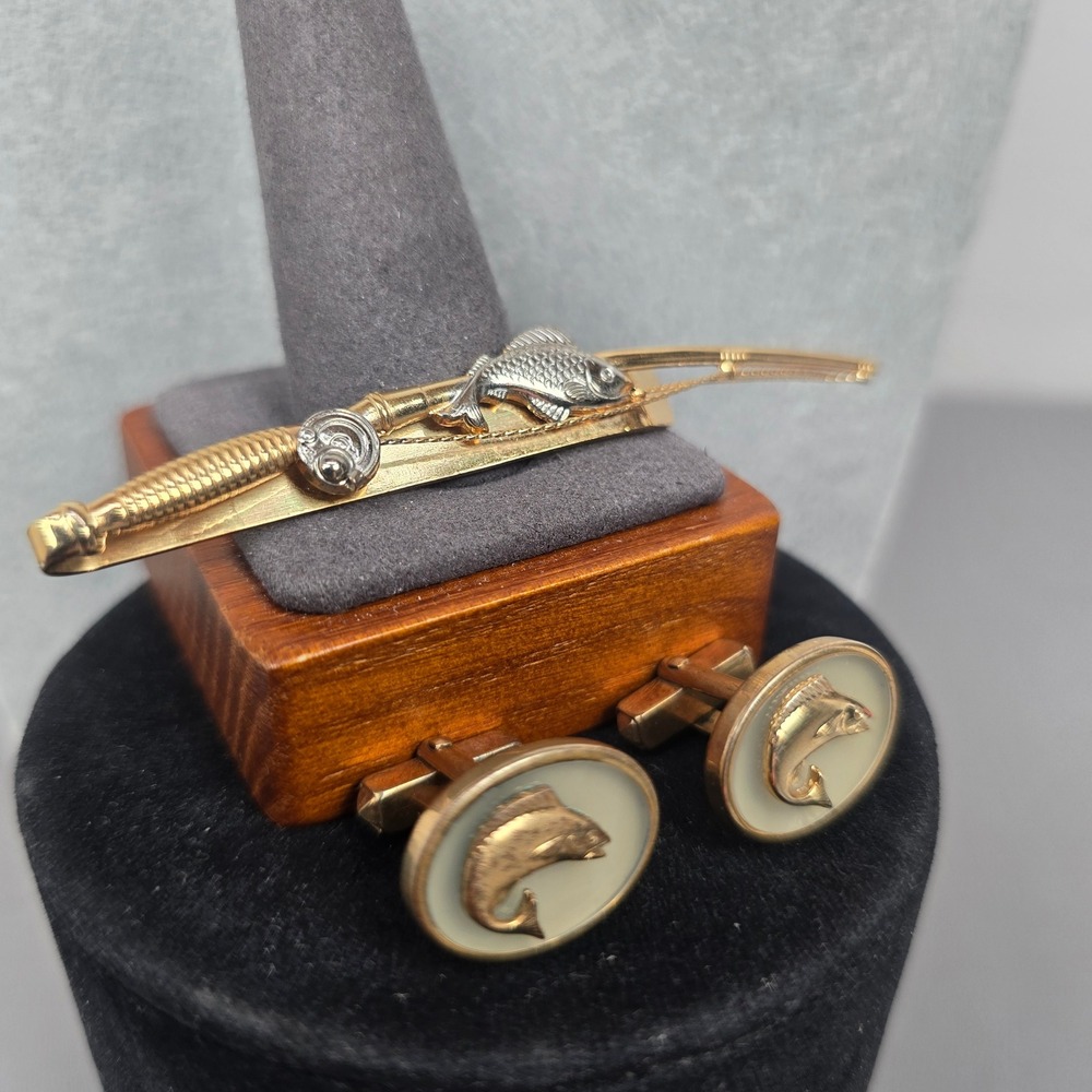 Vintage Anson Fishing Tie Bar & Cufflink Set Gold Tone Rod Reel Fish Nautical